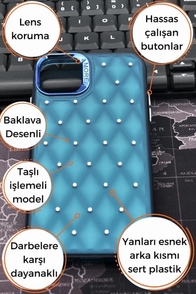 iPhone 15 Pro Uyumlu Baklava Desenli Pırlanta Taşlı Sert Kapak Kılıf Petrol Mavi - 8