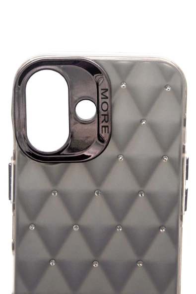 iPhone 16 Uyumlu Baklava Desenli Pırlanta Taşlı Sert Kapak Kılıf Gri - Resim 6