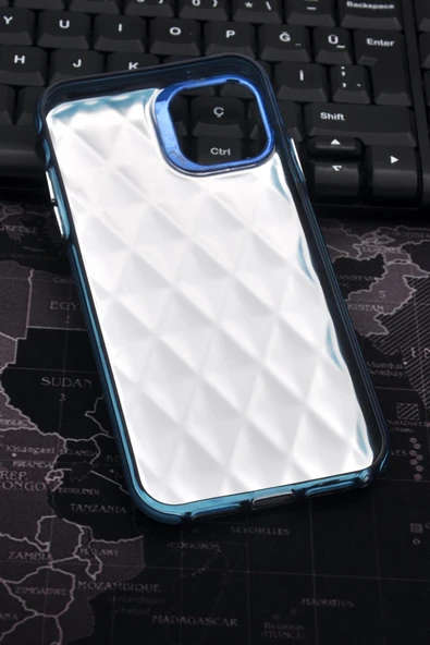 iPhone 15 Pro Max Uyumlu Baklava Desenli Pırlanta Taşlı Sert Kapak Kılıf Petrol Mavi - Resim 7