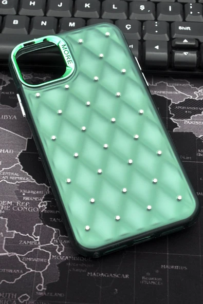 iPhone 11 Uyumlu Baklava Desenli Pırlanta Taşlı Sert Kapak Kılıf Zümrüt Yeşil ürün görseli