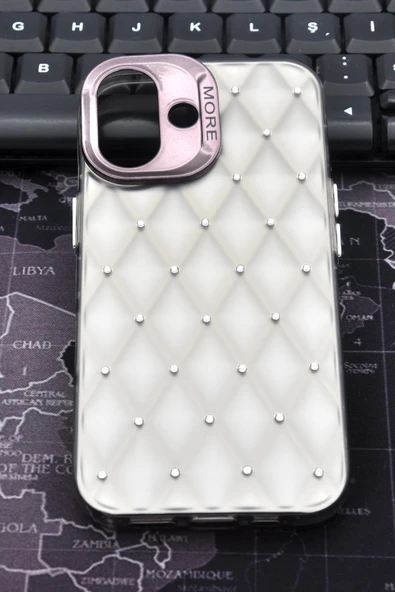 iPhone 16 Uyumlu Baklava Desenli Pırlanta Taşlı Sert Kapak Kılıf Gri - Resim 2