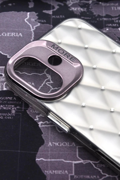 iPhone 16 Uyumlu Baklava Desenli Pırlanta Taşlı Sert Kapak Kılıf Gri - Resim 3