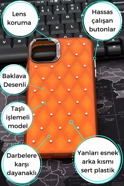 iPhone 15 Pro Uyumlu Baklava Desenli Pırlanta Taşlı Sert Kapak Kılıf Turuncu - Resim 8