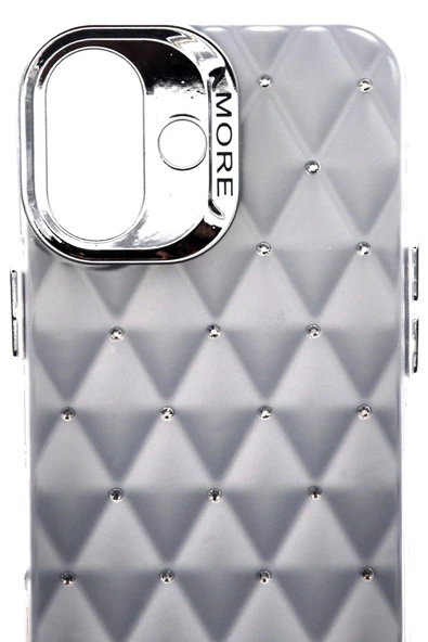 iPhone 16 Uyumlu Baklava Desenli Pırlanta Taşlı Sert Kapak Kılıf Beyaz - Resim 6