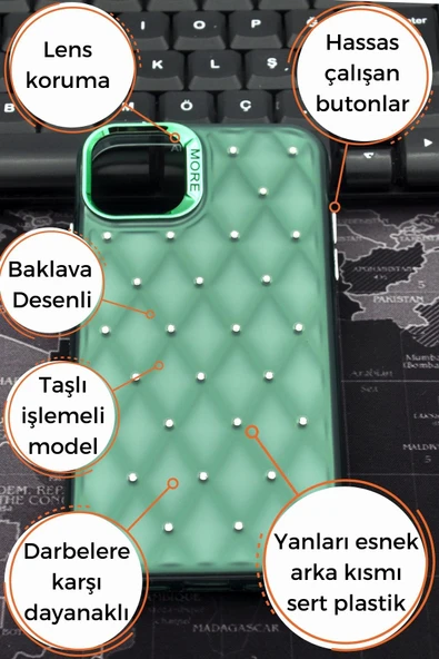 iPhone 13 Uyumlu Baklava Desenli Pırlanta Taşlı Sert Kapak Kılıf Zümrüt Yeşil - Resim 7
