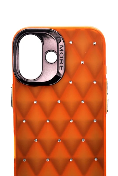 iPhone 16 Uyumlu Baklava Desenli Pırlanta Taşlı Sert Kapak Kılıf Turuncu - Resim 6