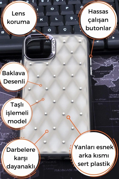 iPhone 13 Pro Uyumlu Baklava Desenli Pırlanta Taşlı Sert Kapak Kılıf Gri - Resim 7