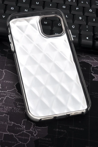 iPhone 15 Uyumlu Baklava Desenli Pırlanta Taşlı Sert Kapak Kılıf Gri - 6