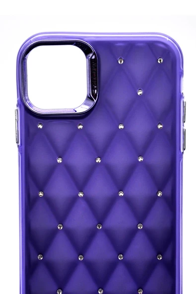 iPhone 13 Uyumlu Baklava Desenli Pırlanta Taşlı Sert Kapak Kılıf Mor - Resim 6
