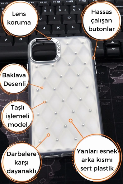 iPhone 16 Uyumlu Baklava Desenli Pırlanta Taşlı Sert Kapak Kılıf Beyaz - Resim 8