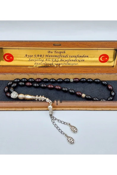 Arpa Kesim Siyah/mavi Yaprak Desenli Alpaka Püsküllü Ateş Kehribar Tespih - 2