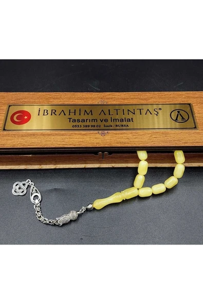 Beyrut Kapsül Kesim  Sarı Alpaka Püsküllü Kehribar Tespih - 5