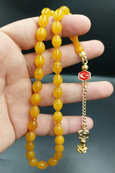 Gök Ay Yıldız Arpa Kesim Sarı Sıkma Kehribar Tespih - 2