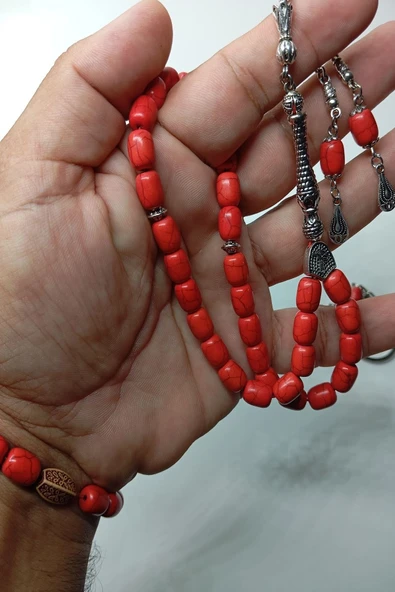 Kırmızı Ceyt Taşı Alpaka Püskül Tespih Anahtarlık Ve Bileklik - 3