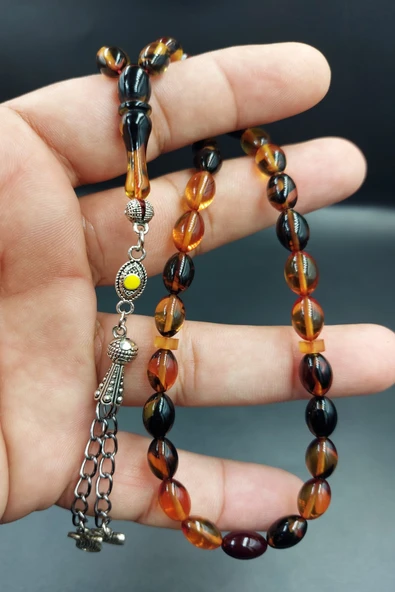 Sarı Siyah Arpa Kesim Alpaka Püskül Ateş Kehribar Tespih