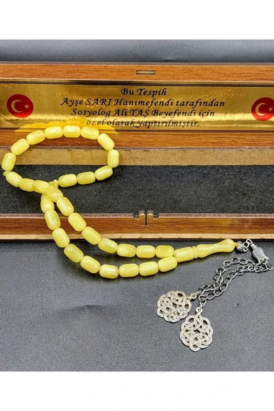 Kapsül Kesim Beyrut Sarısı Çift Alpaka Püsküllü Kehribar Tespih - 5