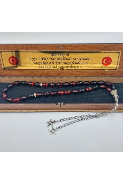 Siyah Kırmızı Arpa Kesim Yıldız Alpaka Püsküllü Ateş Kehribar Tespih - 4