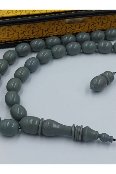 Koyu Yeşil Badem Kesim Halkalı İmame Çubuk Kehribar Tespih - Resim 2