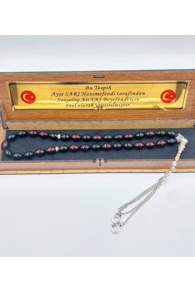 Lacivert Siyah Arpa Kesim Alpaka Püsküllü Ateş Kehribar Tespih - 4