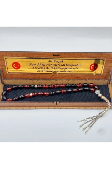 Kırmızı&siyah Alpaka Püsküllü Arpa Kesim Ateş Kehribar Tespih - 5