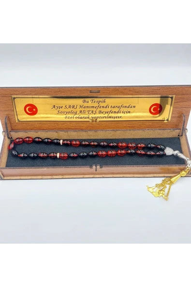 Kırmızı Siyah Arpa Kesim Sarı Alpaka Püsküllü Ateş Kehribar Tespih - Resim 3