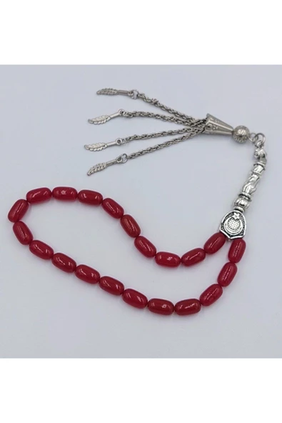 KIRMIZI BİLEK BOY ALPAKA PÜSKÜLLÜ ATEŞ KEHRİBAR TESPİH ürün görseli