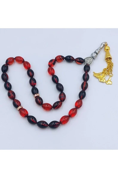 Kırmızı Siyah Arpa Kesim Sarı Alpaka Püsküllü Ateş Kehribar Tespih - Resim 2
