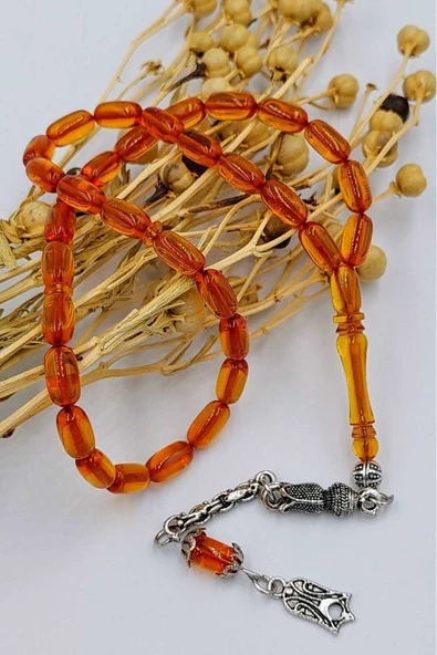 Turuncu Kapsül Kesim Alpaka Püskül Kehribar Tespih - Resim 2