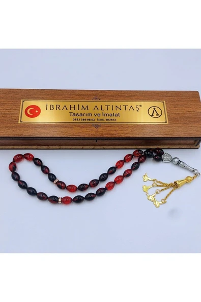 Kırmızı Siyah Arpa Kesim Sarı Alpaka Püsküllü Ateş Kehribar Tespih - Resim 5