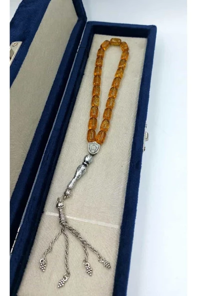 Şeffaf Simli Efe Boy Alpaka Püskül Kehribar Tespih - Resim 4