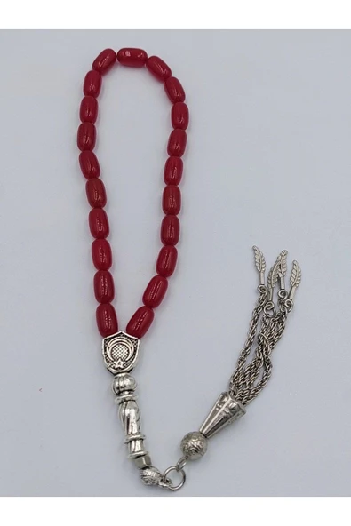 KIRMIZI BİLEK BOY ALPAKA PÜSKÜLLÜ ATEŞ KEHRİBAR TESPİH - Resim 2