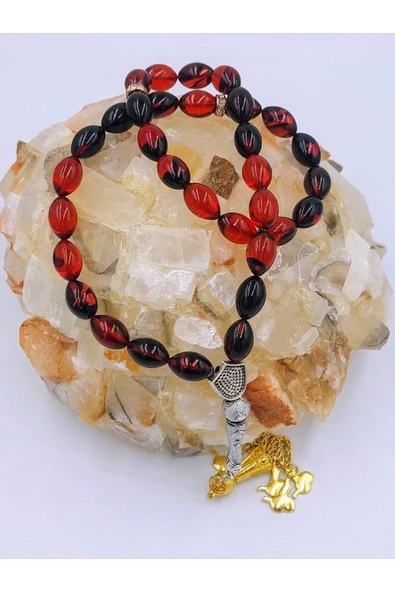 Kırmızı Siyah Arpa Kesim Sarı Alpaka Püsküllü Ateş Kehribar Tespih - Resim 4