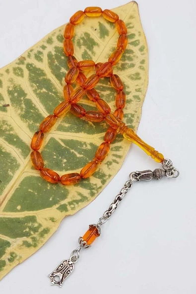 Turuncu Kapsül Kesim Alpaka Püskül Kehribar Tespih - Resim 5