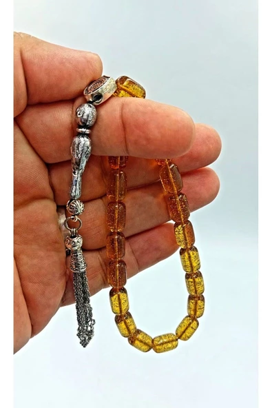 Şeffaf Simli Efe Boy Alpaka Püskül Kehribar Tespih - Resim 2