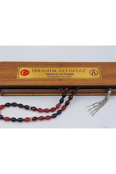 Kırmızı&siyah Alpaka Püsküllü Arpa Kesim Ateş Kehribar Tespih - 4