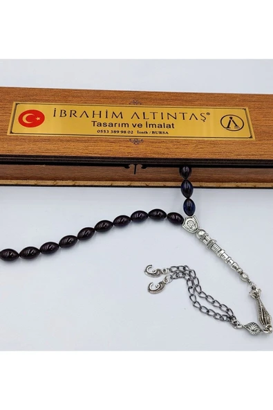 Arpa Kesim Siyah/mavi Çift Alpaka Püsküllü Ateş Kehribar Tespih - 4