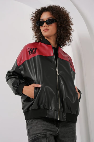 Lucky Life Kadın Baskılı Suni Deri Bomber Ceket - Bordo - 4