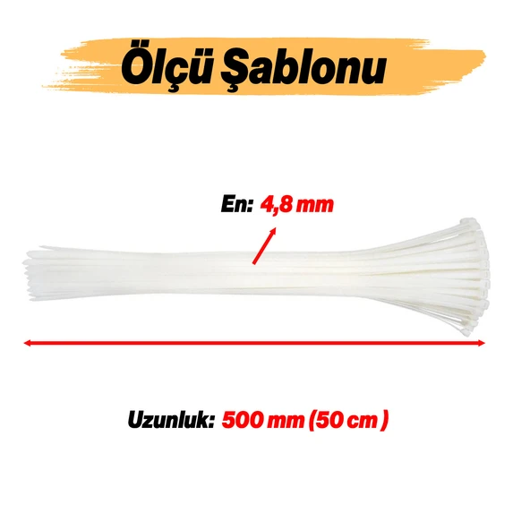 100 Adet Cırt Kelepçe 4,8x500 mm Plastik Beyaz Renk Zip Kablo Bağı Çok Amaçlı Bağlama - 2