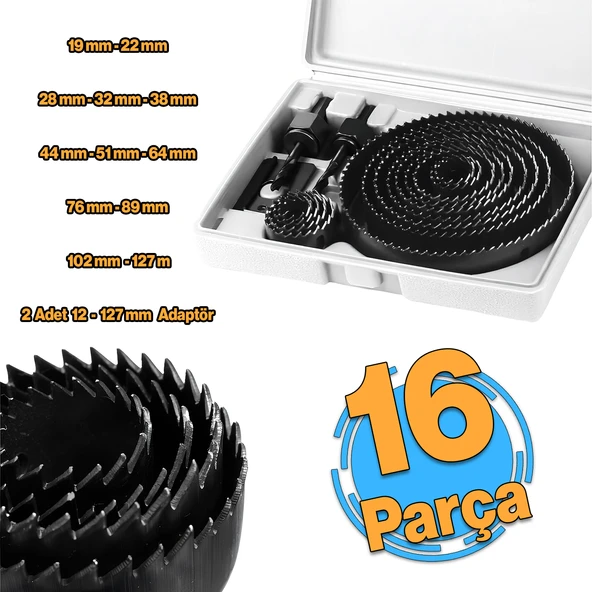 Ahşap Panç Seti Duvar Buat Alçıpan Kartonpiyer Delme  Adaptör Takımı 16 Parça Delik Açma Testeresi ürün görseli