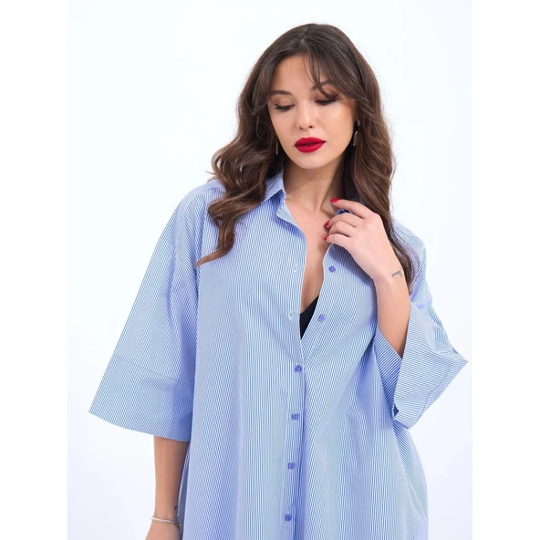 Lucky Life Kadın GÖMLEK-MAVİ BEYAZ ÇİZGİLİ - 4