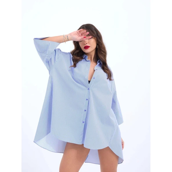 Lucky Life Kadın GÖMLEK-MAVİ BEYAZ ÇİZGİLİ - 5