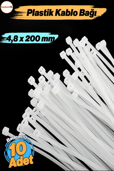 10 Adet Cırt Kelepçe 4,8x200 mm Plastik Beyaz Renk Kablo Zip Bağı Çok Amaçlı Bağlama - 5