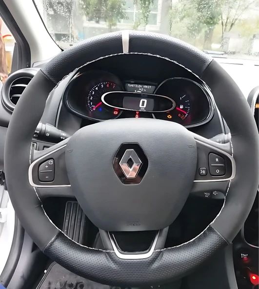 DİKİŞLİ DİREKSİYON KILIFI NOKTALI DERİ NUBUK DERİ BEYAZ YÜZÜK BEYAZ DİKİŞ CLİO 4 İÇİN ürün görseli