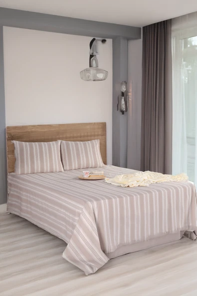 Sport Çizgili Çarşaf + Yastık Kılıfı  Seti Çift Kişilik Soft Line Bej ürün görseli 1