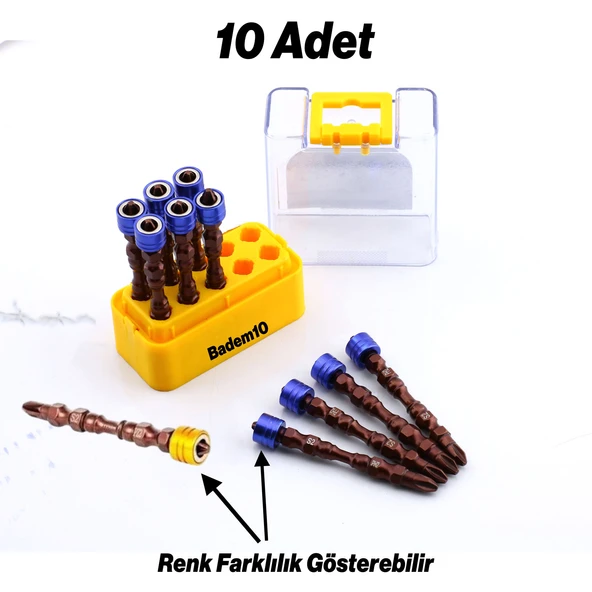 10 Adet Mıknatıslı Bits Uç PH2 65 mm Renkli Vida Tutucu Sökme Yıldız Matkap Vidalama Ucu S2 Çeliği - 6