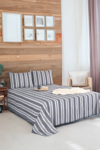 Upstyle Sport Çizgili Çarşaf + Yastık Kılıfı  Seti Çift Kişilik Soft Line Antrasit