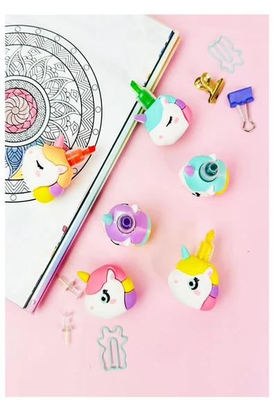 Unicorn Fosforlu Kalem Yumurtlayan 1 Paket 5 Renk Unicorn Figürlü İşaret Kalemi Mini 5 li Fosforlu Kalem - 3
