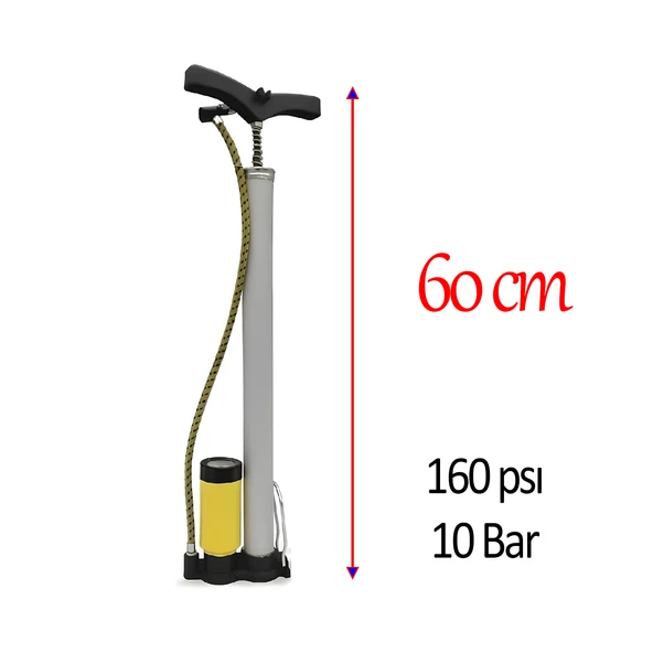 Metal El Tipi Göstergeli Bisiklet Pompası Gri Ayak Tutamaklı Top Teker Şambrel  Şişirme 160 Psı - Resim 3