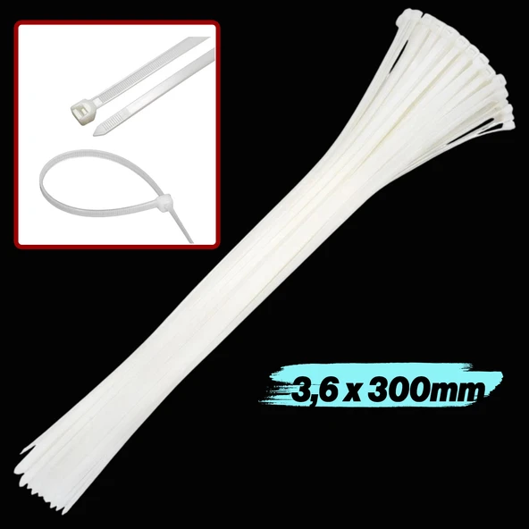 100 Adet Cırt Kelepçe 3,6x300 mm Plastik Beyaz Renk Zip Kablo Bağı Çok Amaçlı Bağlama - Resim 4