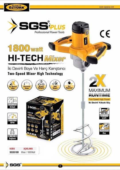 SGS5100 Profesyonel İki Devirli Boya ve Harç Karıştırıcı Mikseri 1800 Watt - 2
